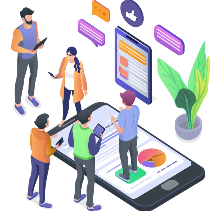 a group of people standing around a large cellphone