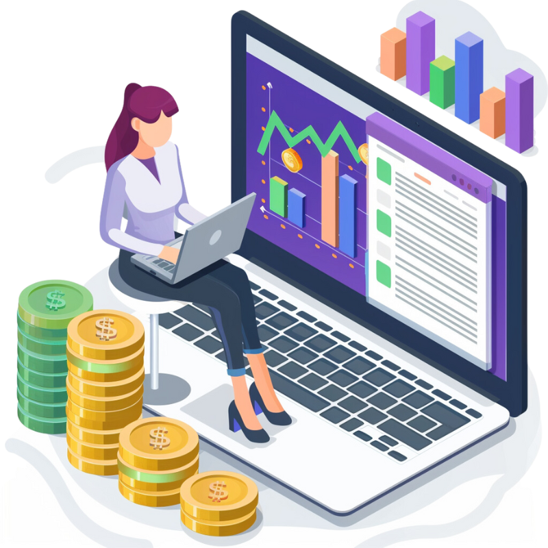 a woman sitting on a chair with a laptop and stacks of coins